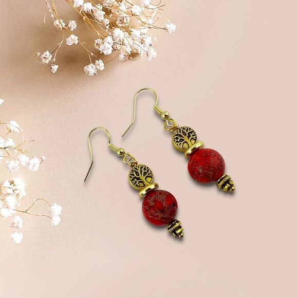 Red Imperial Jasper Earrings Sea Sediment Gemstones Gold Plated Earwires - Picture 2 of 9